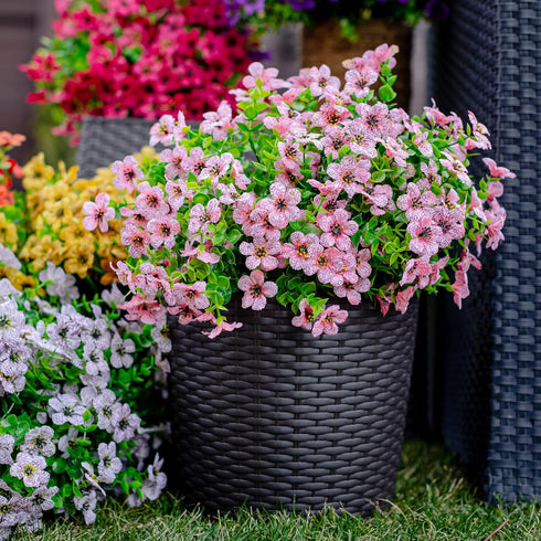 Artificial Flowers for Outdoors, 16 Bundles Faux Boxwood Greenery, No Fade Plastic Shrubs for Home Garden Decor (Pink)