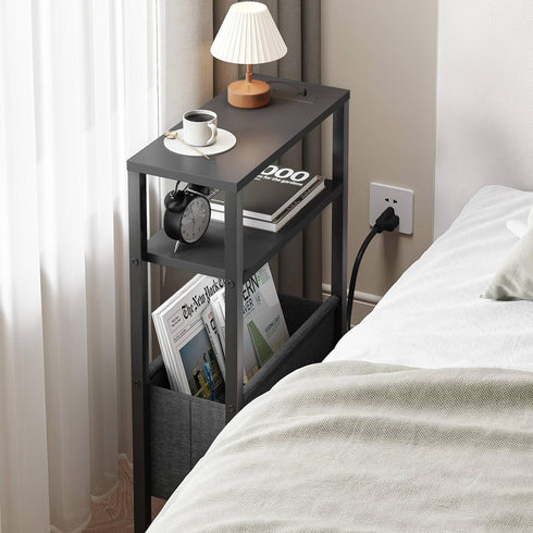3 LET503BE Narrow Side Table with Charging Station, Slim End Table with Magazine Rack, Bedside Table for Small Spaces