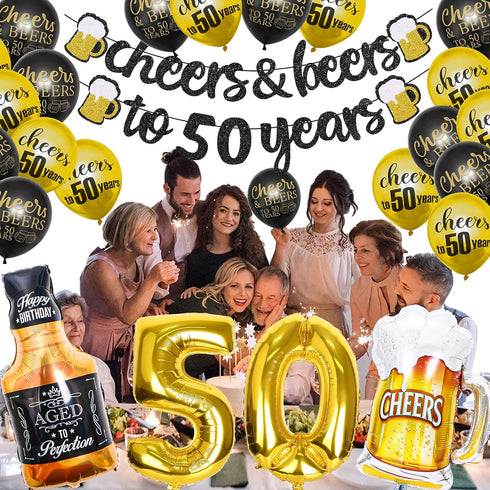 50th Birthday Decorations - Black Gold 50 Year Anniversary Supplies, Cheers To 50 Years Banner, Latex Balloon, Foil