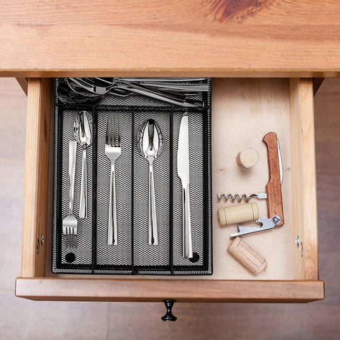 LIANYU Silverware Utensil Drawer Organizer - 5 Compartments Steel Mesh Tray with Foam Feet, Black