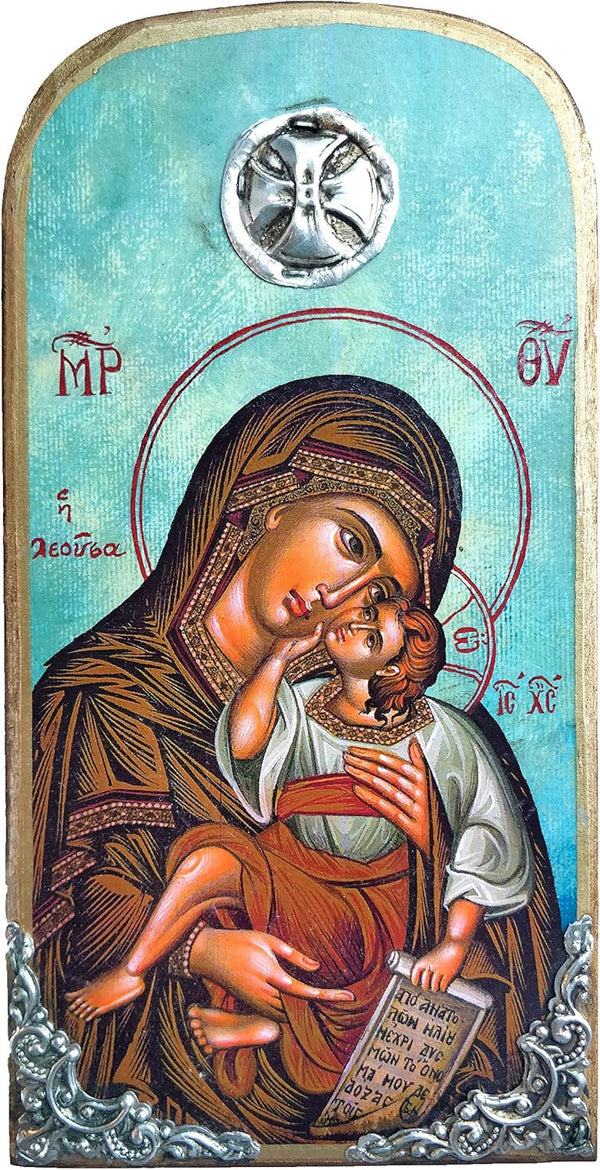 Wooden Greek Christian Orthodox Wood Icon of Virgin Mary, Mother of Jesus / OP10