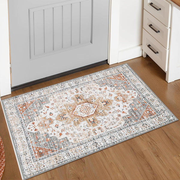 Moynesa Ultra-Thin Washable Entryway Rug 2x3, Small Non Slip Kitchen Rugs for Indoor Vintage Throw Mat, Beige/Gold
