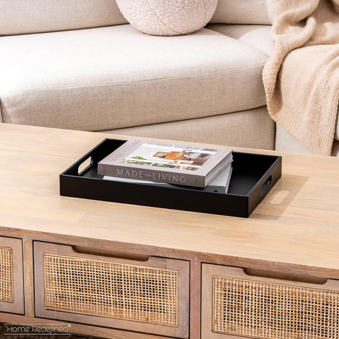 17.5"x12" Home Redefined Beautiful Modern Elegant Rectangle Classic Black Faux Leather Decorative Tray Ottoman Coffee