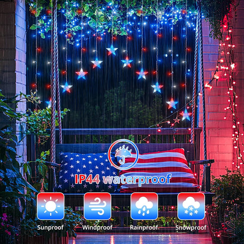 4th Lights,118LED woohaha of July Patriotic Star Icicle Red White and Blue Curtain Window Lights,Connectable Star