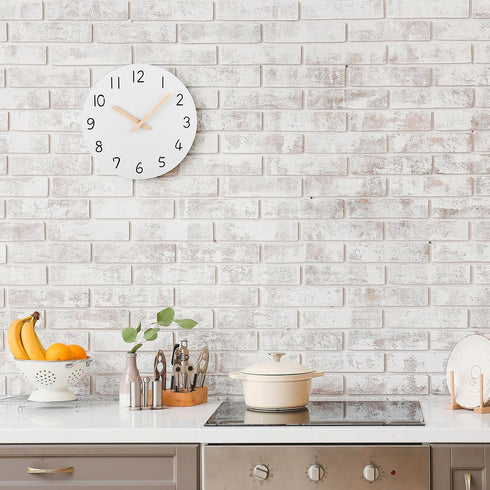 Plumeet 10'' Wooden Wall Clock (White) Small Frameless Clocks with Silent Quartz Movement, Battery Operated