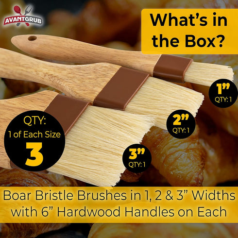 Durable Hardwood 1, 2, 3in Boar Bristle Pastry Brush Set for Basting Meat, Spreading Butter, BBQ Sauce or Marinades
