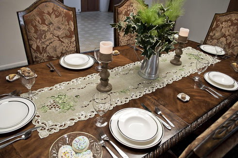Embroidered Green Leaf Table Runner - Antique Green Fabric Dresser Scarf (16Wx54L)