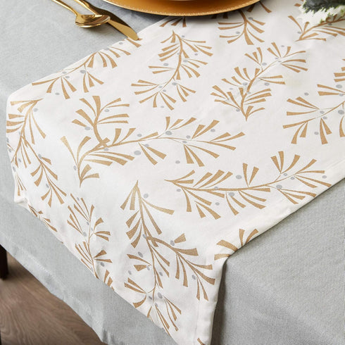 DII Holiday Dining Table Linen - Metallic Fabric Christmas Table Runner, 14x108, Gold Holly Leaves