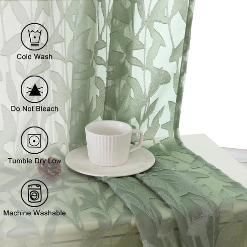 Leia 72 Inch Sheer Curtains Sage Green Panels Set of 2, Double Rod Pocket Window Living Room Curtain with Leaves, Light