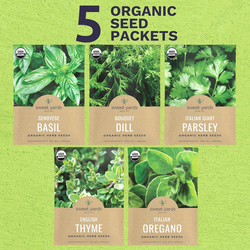 Pack 5 Packs 2026 Organic Herb Seeds Variety - Individual - Season - Basil, Oregano, Dill, Thyme & Parsley. for Indoor