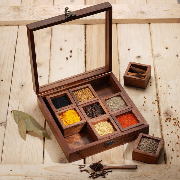 Ajuny Wooden Spice Box 9x9 Inch - Decorative Masala Dabba Organizer with