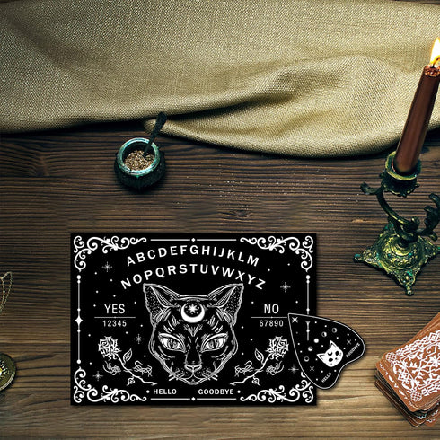 CREATCABIN Black Cat Wood Spirit Board, Talking Boards with Planchette, Wooden Dowsing Divination Kit for Wicca