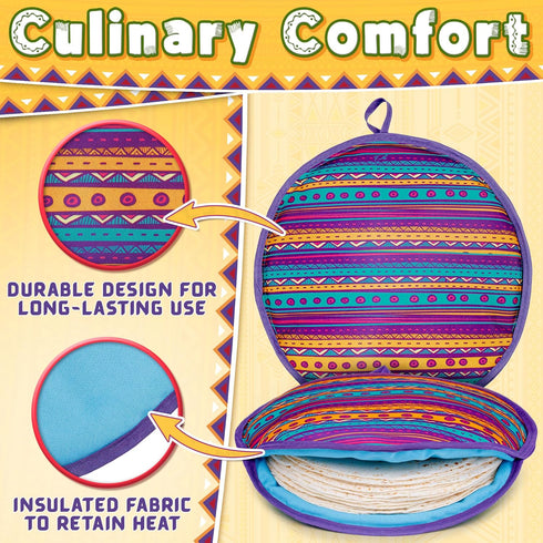 PixiPy Tortilla Warmer Pouch (Multicolor, 12 Inch) - Microwavable Fabric Heater Pouch to Keep Tortillas Soft & Warm