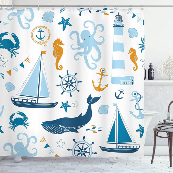 Ambesonne Nautical Shower Curtain, Blue Orange Pastel Composition of Lighthouse Sailboat Fish Shells Octopus, 69" W x