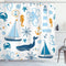 Ambesonne Nautical Shower Curtain, Blue Orange Pastel Composition of Lighthouse Sailboat Fish Shells Octopus, 69" W x
