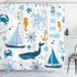 Ambesonne Nautical Shower Curtain, Blue Orange Pastel Composition of Lighthouse Sailboat Fish Shells Octopus, 69" W x