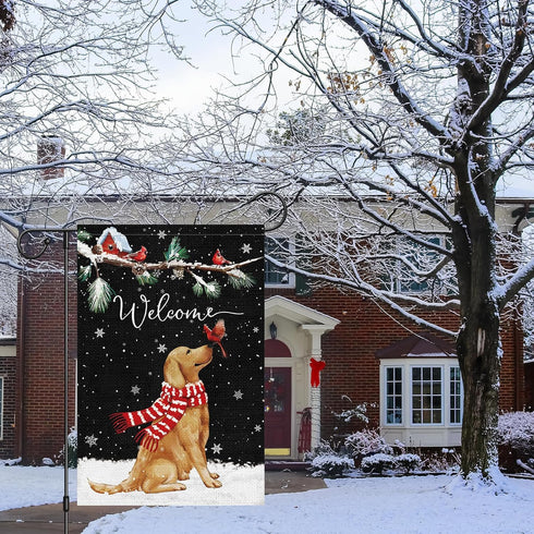 Welcome Winter Garden Flag 12x18 Inch Double Sided Burlap Golden Retriever Cardinal Yard Flags for Seasonal Christmas