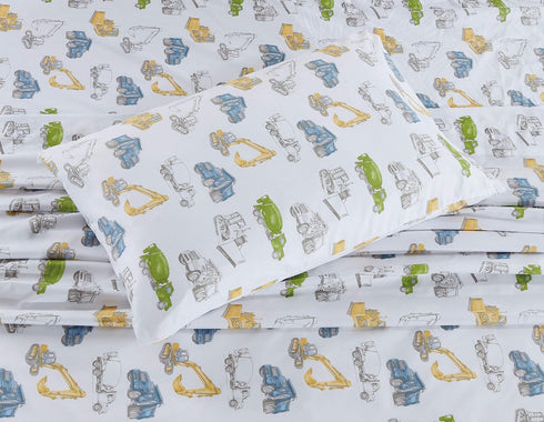Linen Plus Set Bulldozer Sheet Kids/Teen Excavator Cement Dump Construction Vehicles White Green Yellow Blue New #