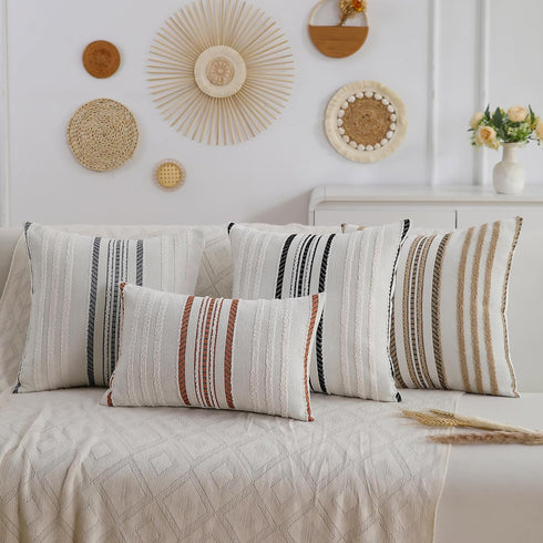 2 Packs 20x20 Inch Boho Pillow Covers Black Chenille Decorative Throw Pillow Covers for Couch, Farmhouse Accent Striped