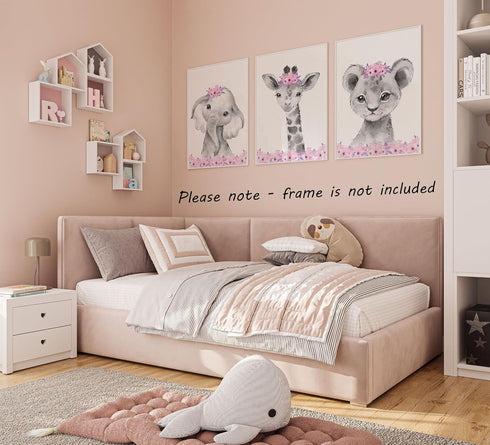Set 3 (8x10) Safari Animals Baby Girls Nursery of Unframed Wall Art Prints, Gray Baby Animals with Pink Flowers, Child