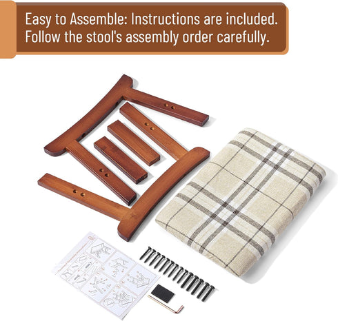 Bamboo Footrest Ottoman with Beige Striped Cushion and Brown Legs - Small Size