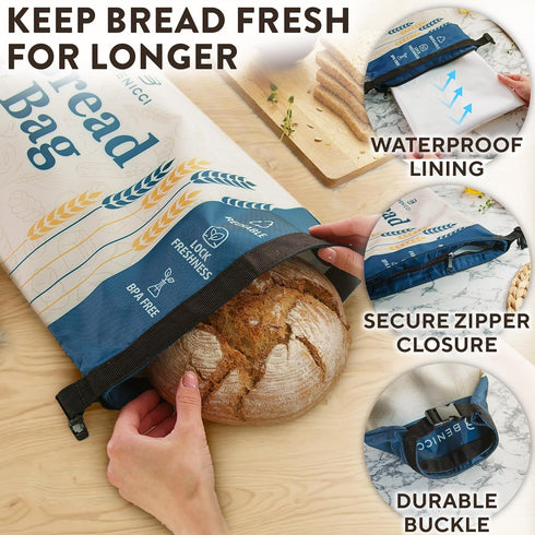 2 Pack Reusable Bread Bags - Perfect To Store Homemade Sourdough Loaf Breads - Special Double-Lock for Longer Freshness