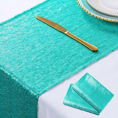 ShinyBeauty Mint Green Table Runners, 2Packs 12''x72'' Teal Sequin Glitter Fabric for Birthday Party Celebration