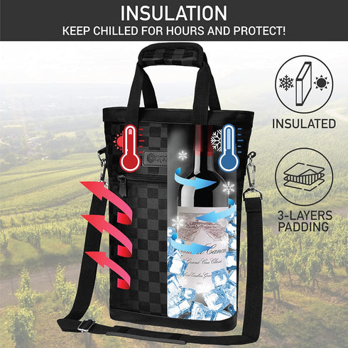 OPUX Insulated 2 Bottle Wine Carrier Tote, Leakproof Wine Cooler Bag for BYOB Picnic, Portable Wine Case, Checker Black