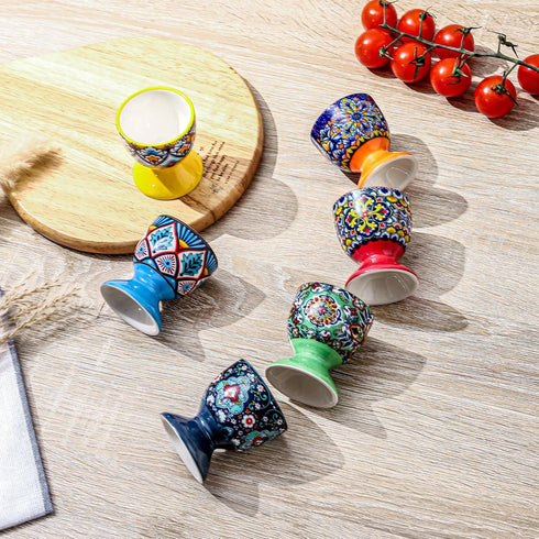 Set 6 HENXFEN LEAD Boho Ceramic Egg Cups of Colorful Egg Holders for Soft & Hard Boiled Eggs, Microwave & Dishwasher