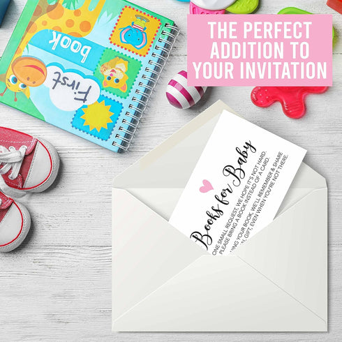 Hadley Designs 25 Books For Baby Shower Request Cards, Pink Baby Shower Invitation Inserts, Guest Book Alternative