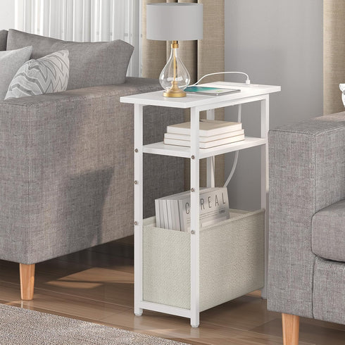 sthmec 3 Narrow Side Table with Charging Station, Small End Table for Small Spaces, Skinny Nightstands with Storage