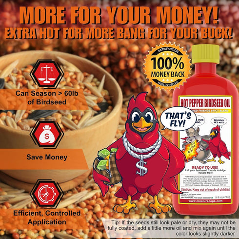 >60lb 16oz CreatureCops Spicy Squirrel Seed Sauce | All-Natural & Squirrel-Resistant Hot Pepper Bird Seed Oil | Flaming