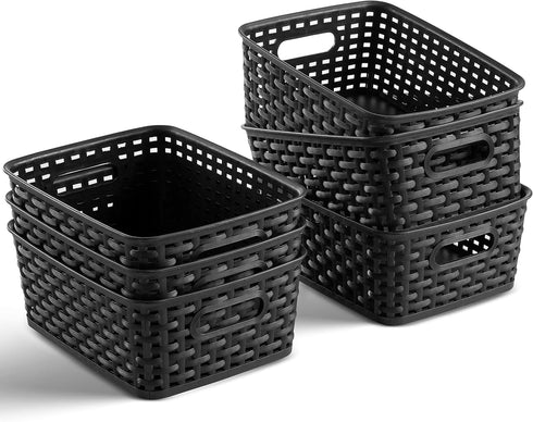 Set of 6 Small Plastic Storage Baskets - Household Organizer Basket Bins with Cutout Handles