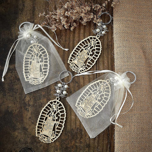 Hicarer Baptism Our Lady of Guadalupe Wood Design Keychain with Organza Gift Bags for Baptism