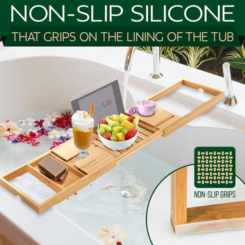 SereneLife Luxury Bamboo Bathtub Caddy Tray, Adjustable Wood Organizer with Wine Holder and Phone Slot