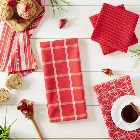 DII Assorted Woven Kitchen Set, 5 Piece, Red, Dishtowel 18x28, Dishcloth 13x13