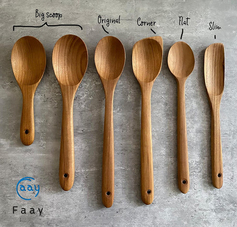 FAAY 12" Big Scoop Spoon, Wide Head, Ergonomic Handle for Cooking and Serving, Golden Teak Wood