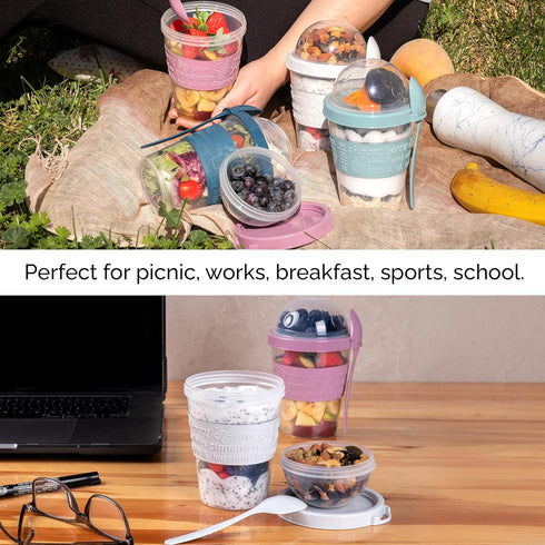 4 Pack 20 oz Set Crystalia On The Go Yogurt Parfait Cups with Lids & Spoons, Reusable Yogurt Containers, Take and Go