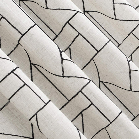 Archaeo Mid-Century Modern Fragmented Geometric Embroidery Curtain, Natural Linen Blend, 50" x 63", Black/Linen