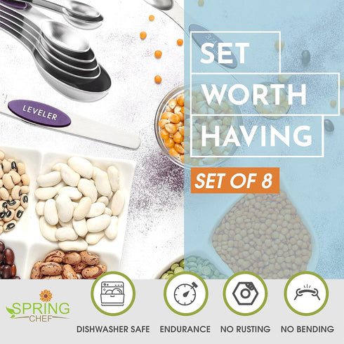 Spring Chef Purple Magnetic Measuring Spoons Set of 8: Dual Sided Metal Teaspoon & Tablespoon for Baking & Cooking