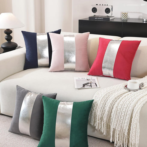 TAOSON Pack 2 1220 Inch of Velvet Decorative Throw Pillow Covers Navy Blue Patchwork with Silver Striped Leather Pillow