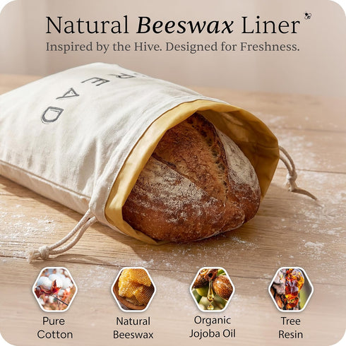 Set 2 1 Leafico Bread Bag Cotton Loaf Bags + Baguette Bag with Beeswax Liner Reusable Storage for Sourdough, Crusty