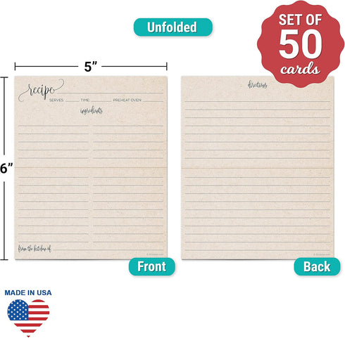 321Done Folding Recipe Cards (Set of 50) - Folds to 3x5 from 6x5 - Double-Sided From the Kitchen Of Vintage Rustic Kraft Design Heavy Cardstock - For Bridal Shower Housewarming - Made in the USA