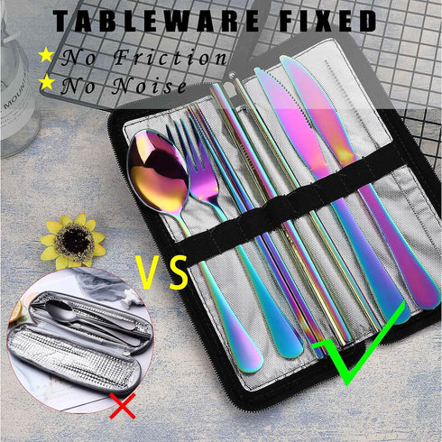 VANDBAO Camping Utensils Set, Portable Travel Utensils with Case for Fixing Tableware, Reusable Stainless Steel Cutlery Set, Includes Extra Steak Knife and Boba Straw, Lunch Flatware Silverware by VANDBAO