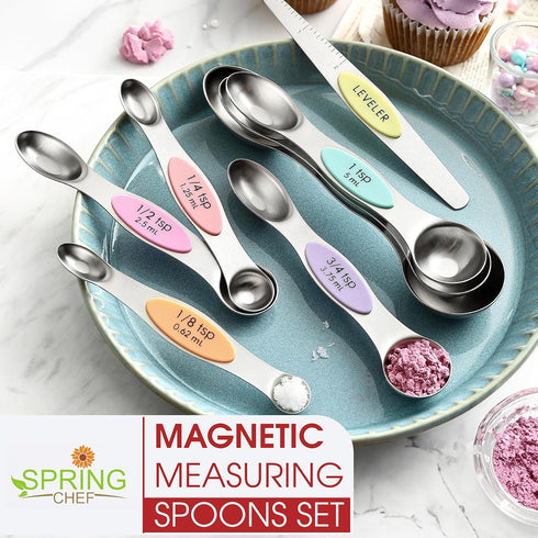 Spring Chef Stainless Steel Magnetic Measuring Spoons Set of 8 with Leveler for Baking and Cooking