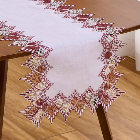 White Dark Red Linen Lace Table Runner 90 inches Long, Claret Dresser