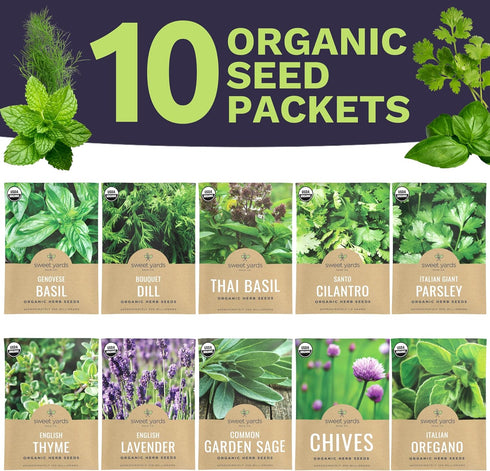 Pack 10 Packs 2026 Organic Herb Seeds Variety - Individual - Season - Basil, Cilantro, Dill, Thyme, Parsley and More!
