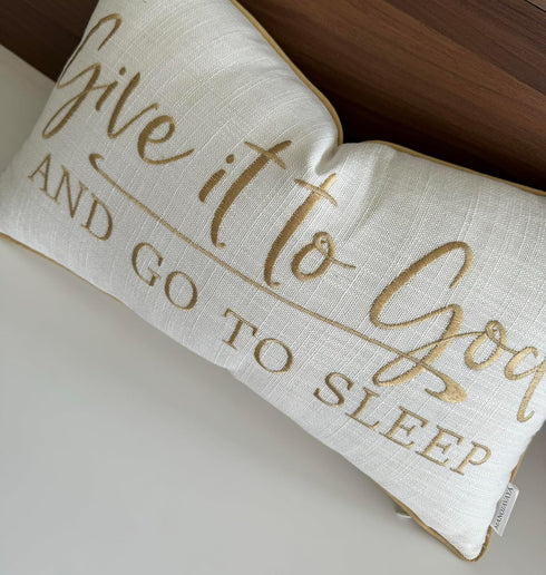 Embroidered Give It to God Quote Decorative Lumbar Throw Pillow Cover, 12x20 Inches, Ivory-Beige