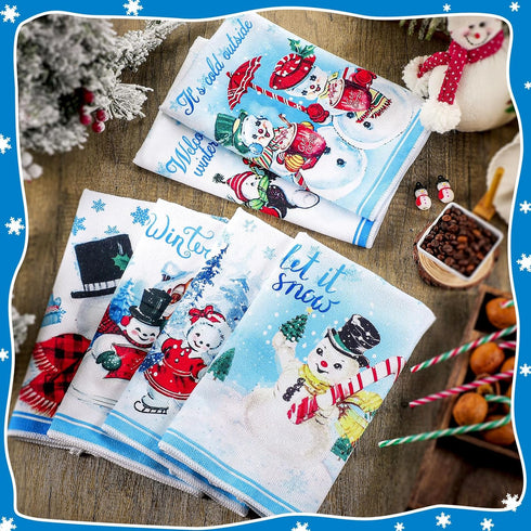 6 FuWeave Pcs Hello Winter Kitchen Towels Snowman Dish Blue Snowflake Tea Christmas Absorbent Hand Drying Towels Let it