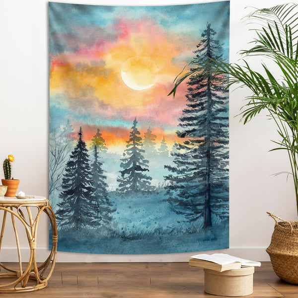 Mountain Yellow Sunset Forest Tapestry, Blue Watercolor Fir Tree Landscape Wall Hanging for Bedroom Living Room